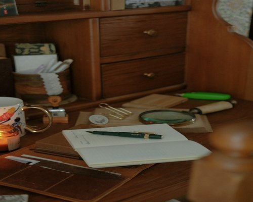 A notebook and pen resting near a warm cup on a home office desk